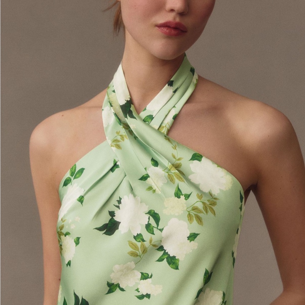 BHLDN Ruby Twist Halter Satin Gown in Spring Green